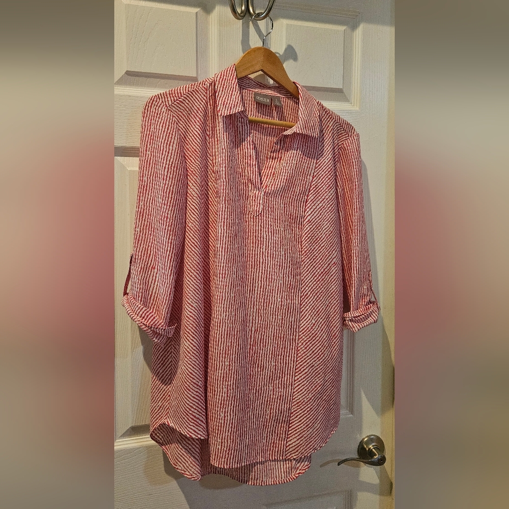 Chico's Red and White Striped Button Down Shirt
